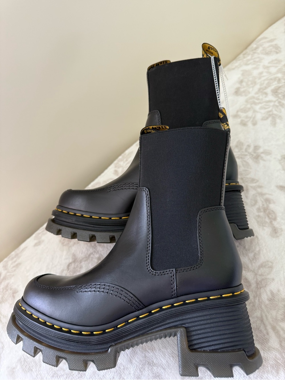 Dr. Martens Corran Black Leather Chelsea Lug Boots with Yellow Stitching - Picture 5 of 14